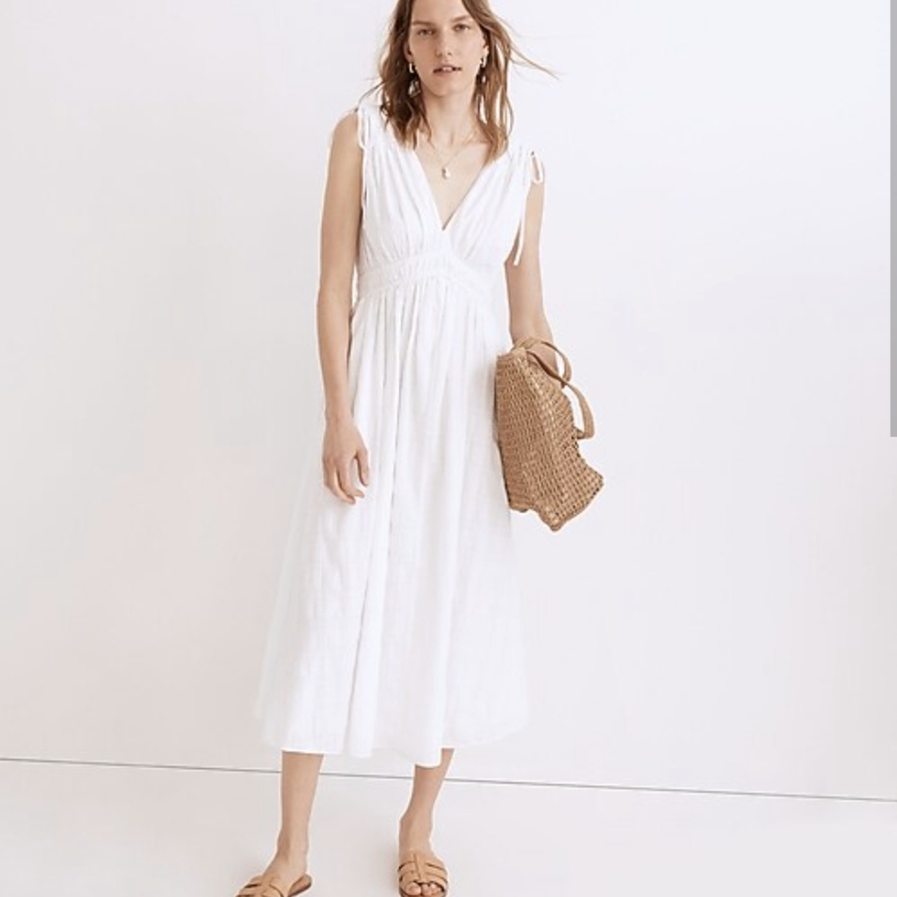 Madewell White Midi V-Neck Tie-Shoulder Dress